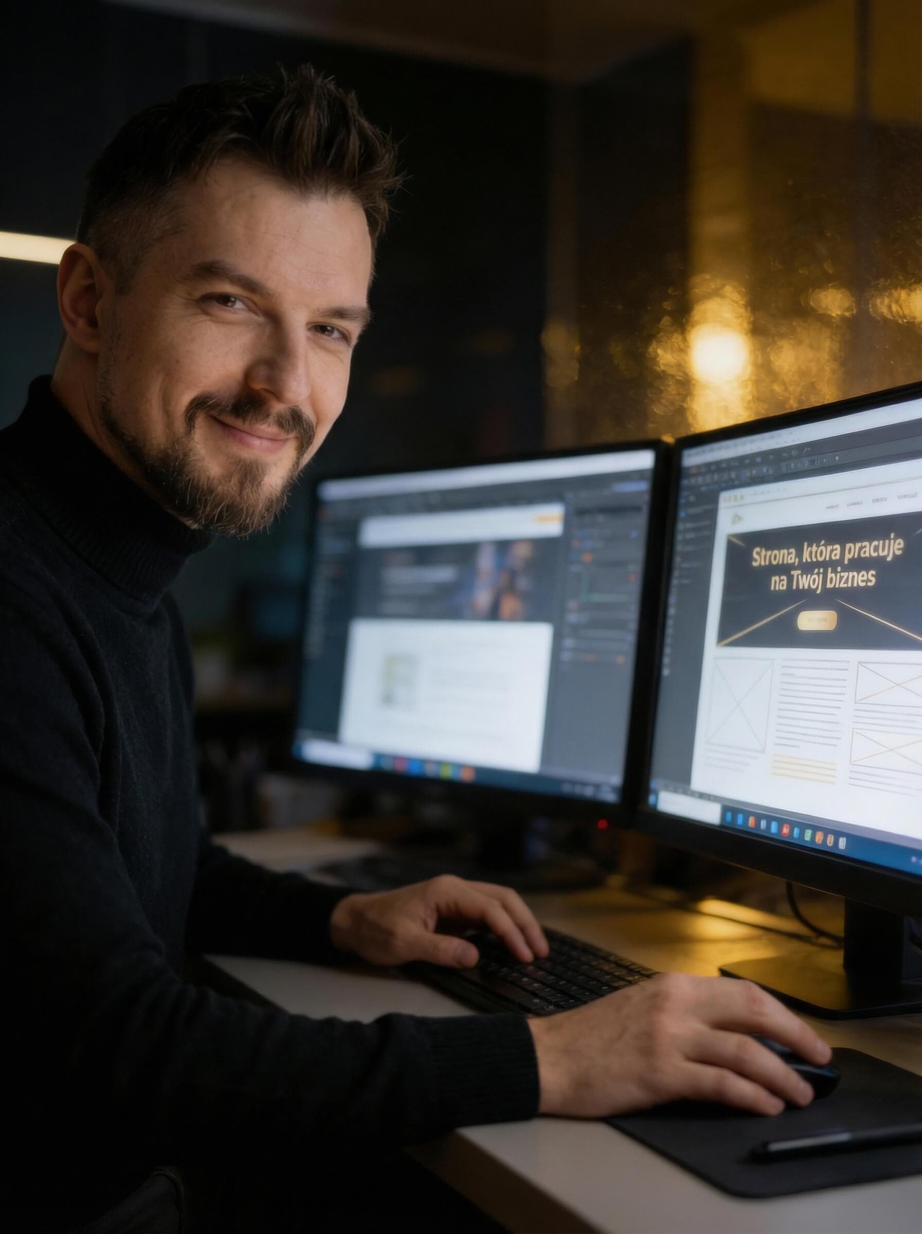 Michał Trochonowicz przy komputerach - tworzenie stron internetowych