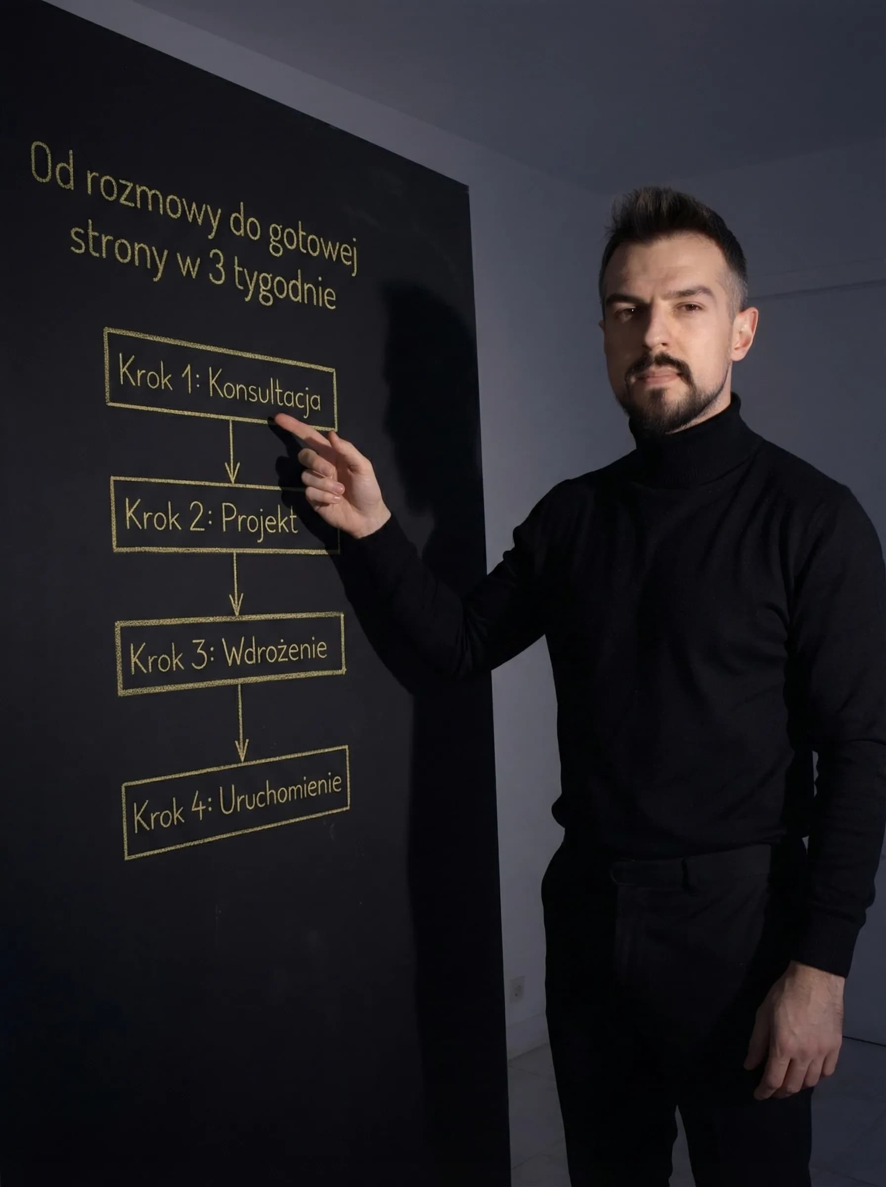 Michał Trochonowicz przy tablicy z diagramem procesu współpracy